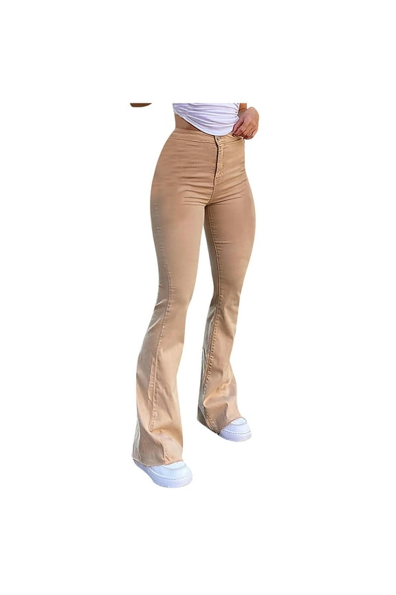 Straight Leg Jeans for Women High Rise Flare-Leg Jeans Solid Khaki S