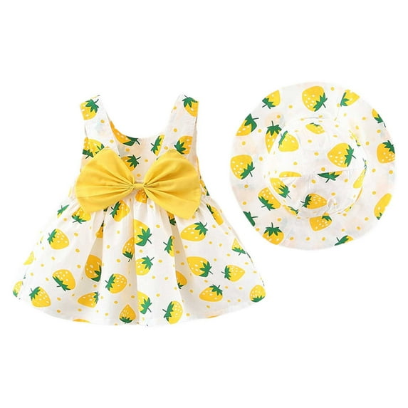 KDFJPTH Summer Fruit Strawberry Print Summer Casual Dresses For Toddler Girls Big Bowknot A-Line Party Princess Dress With Hat