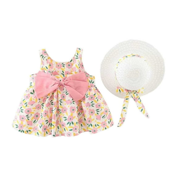 KDFJPTH Summer Toddler Girls Flower Dresses With Straw Hat 2 Piece Set Cute Sweet Preschool Girl Birthday Party Gift Dress Size 3-4 Years