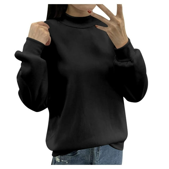 KDFJPTH Sweatshirt for Women Trendy Lined Small Turtleneck Loose Casual Long Sleeve Crew Neck Solid Color Hoodless Pullover Hoodies Tops