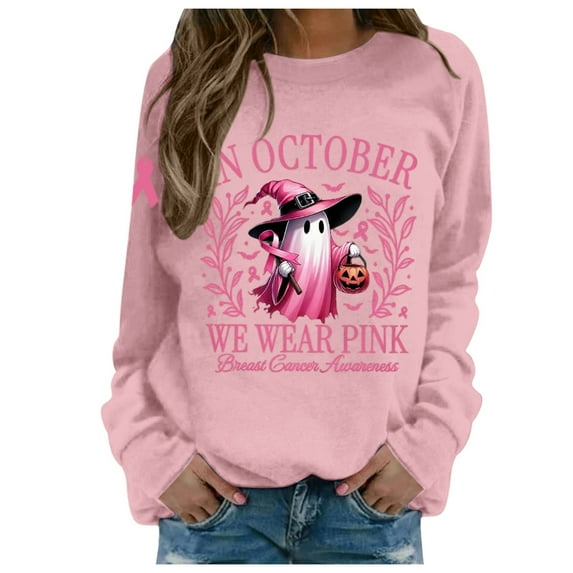 KDFJPTH Sweatshirt for Women Trendy Stand Alone In October We Wear Witch Cancer Awareness Print Hoodie Color Tops