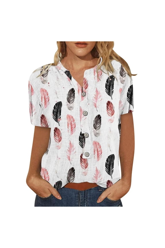 Women T Shirts Loose Fit Tops For Short Sleeve Summer Trendy Printed Tee Shirt Button Neckline Ladies Blouses Tshirts Womens