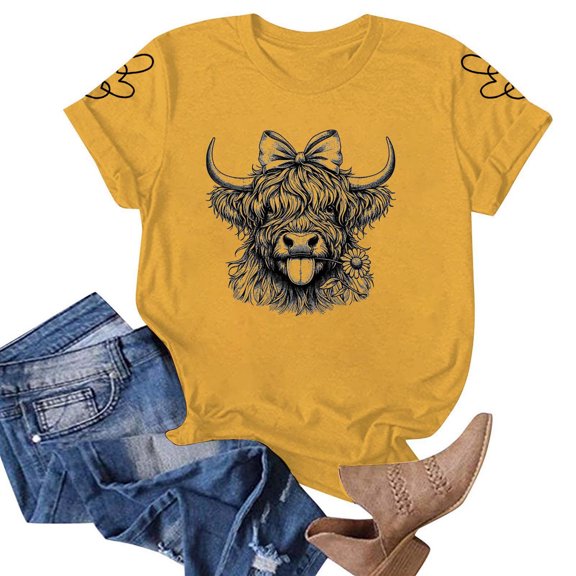 KDFJPTH T Shirts for Women Graphic Cow Shirt Cute Cow Interesting Animal Pattern Farm Life Short Sleeve Holiday Tshirts Top