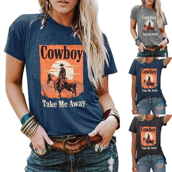 KDFJPTH T Shirts for Women Graphic Cowboy Take Me Western Cowboy Vintage Graphic Tees Horse Shirt Tshirts Tops