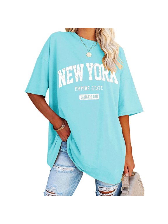 T Shirts for Women Graphic Swea Summer Half Sleeved Long Shirt Vintage New York Letter Print Tshirts Top