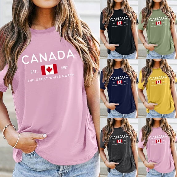 KDFJPTH T Shirts for Women Tops Summer Canada Day Flag Graphic Canadian Maple Leaf Short Sleeve Patriotic Vacation Tees Dark Gray S