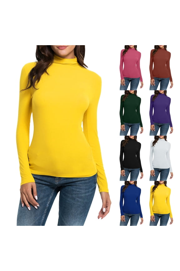 T Shirts for Women Tops Summer Casual Solid Long Sleeve Turtleneck Slim Fit Stretchy Layer Dressy Tees Yellow L