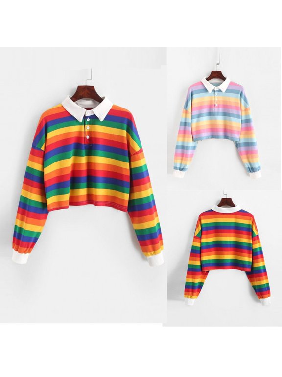 T Shirts for Women Trendy Color Stripe Button Long Sleeve Pullover Hoodies Swea Blouse Tshirts Top