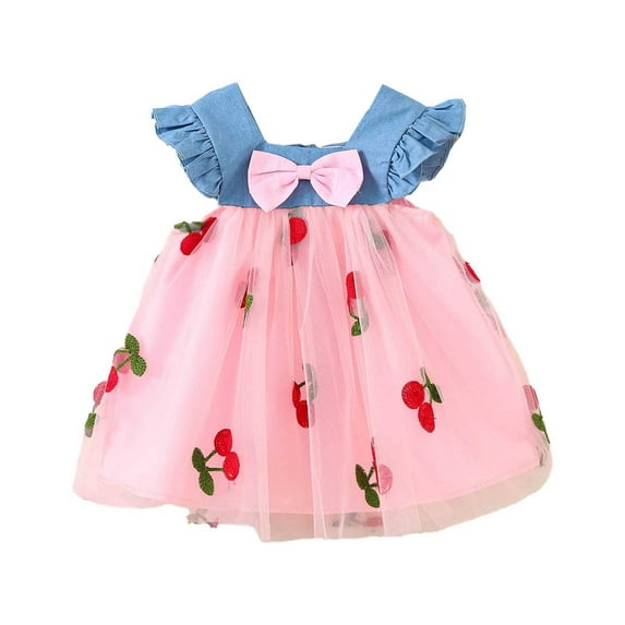 KDFJPTH Toddler Baby Girl Denim Mesh Patchwork Tutu Dress Summer Cute Strawberry Print Sundress Jeans Dresses Size 3-12 Months