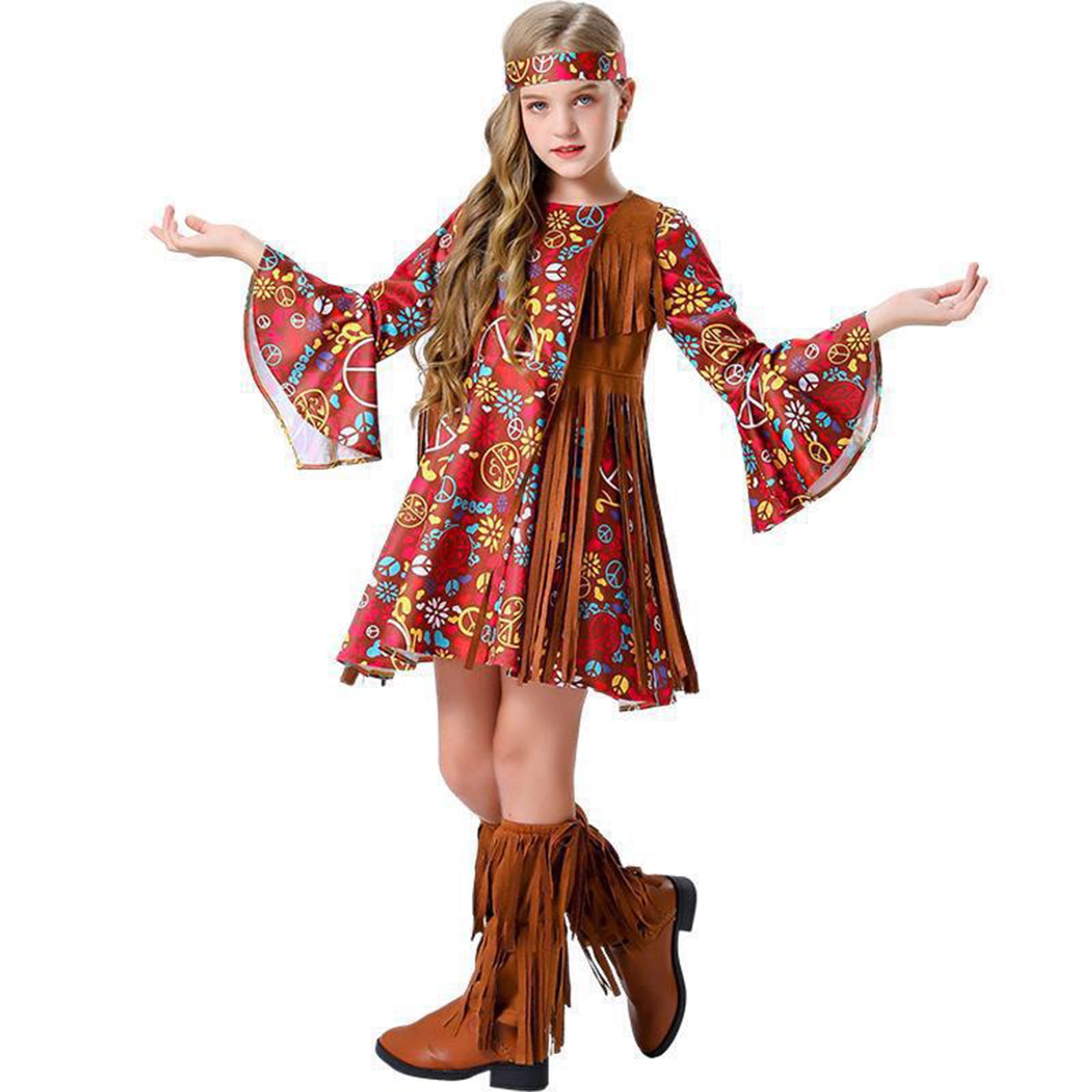 KDFJPTH Toddler Girl Fall Outfits Hippie Disco Party Dress Peace