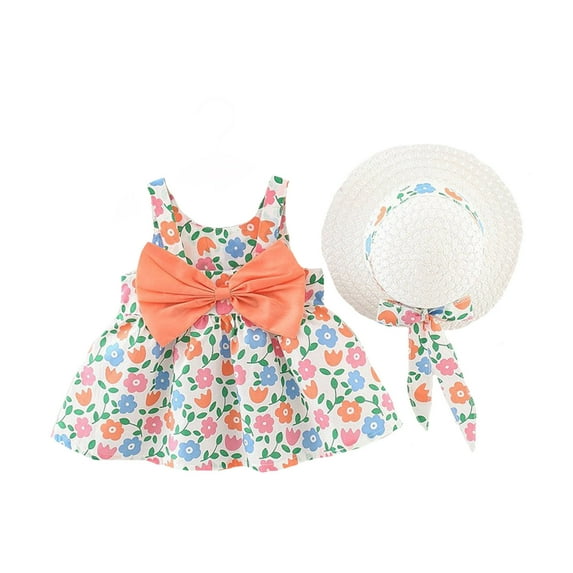 KDFJPTH Toddler Girls Casual Flower Dresses Summer Princess Sleeveless Bowknot A-Linen Ruched Dress With Hat 2 Piece Sets Size 3-12 Months