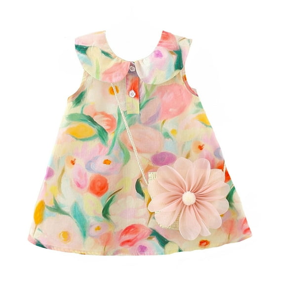 KDFJPTH Toddler Girls Dress With Flower Bag 2 Piece Set Baby Kids Summer Sleeveless Floral Print Turn Down Collar Casual Dresses Size 2-3 Years