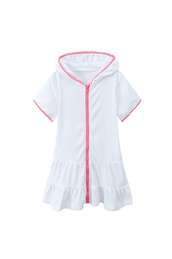 Toddler Girls Dresses Little Swim Cover Up Swimsuit Coverup Zip Up Beach Bathing Suit Hooded Bathrobe Absorbent Terry Beach Kids Dress