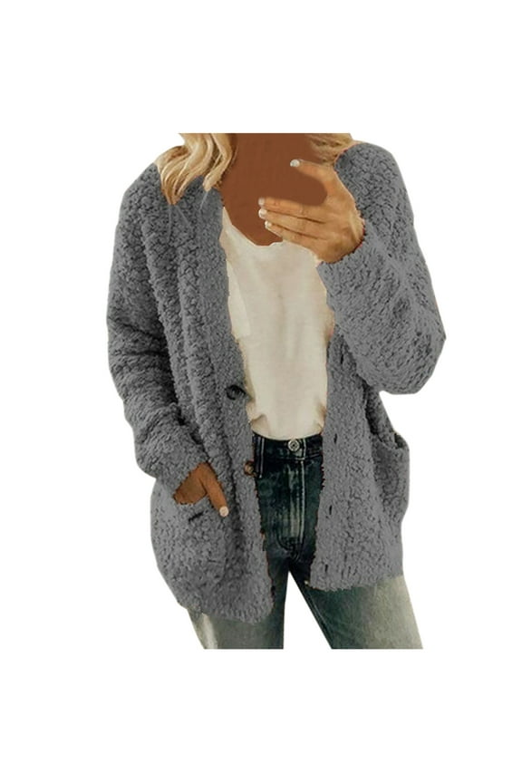KDFJPTH Women Casual Plus Size Plush Sweater Pockets Outerwear Buttons Cardigan Coat Jacket Petite Bed Jackets for Women plus Size
