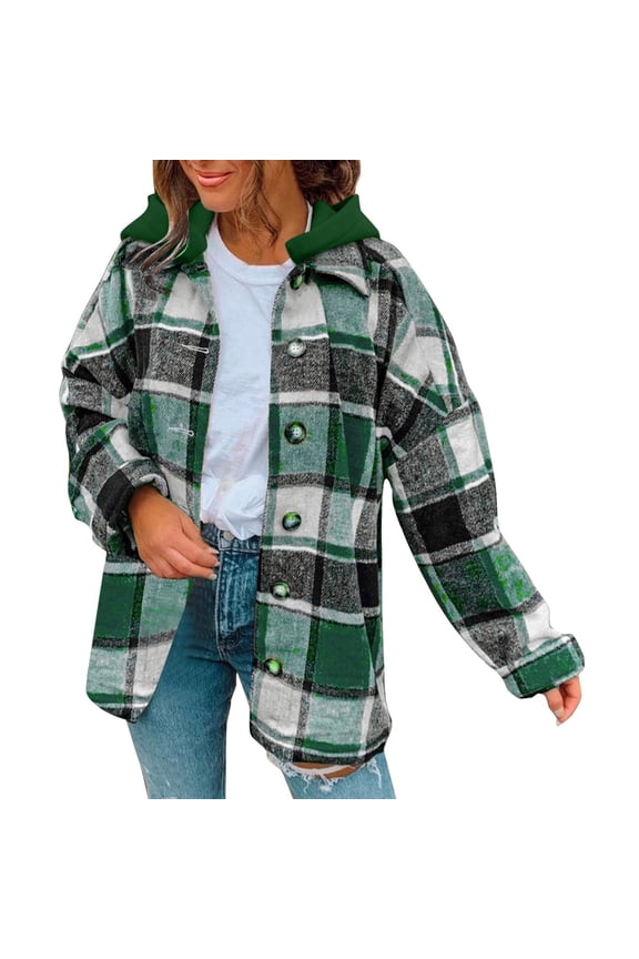 Women Coats Winter Long Sleeve Button Down Plaid Shirts Flannel Hooded Shacket Hoodie Zip Up Fall Jackets Ladies