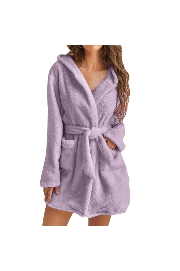 Women Hooded Bathrobe Lightweight Soft Short Flannel Sleepwear Hooded Bathrobe Soft Robe Sexy Womens Pajamas