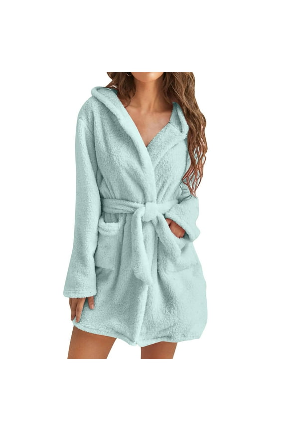Women Hooded Bathrobe Lightweight Soft Short Flannel Sleepwear Hooded Bathrobe Soft Robe Sexy Womens Pajamas