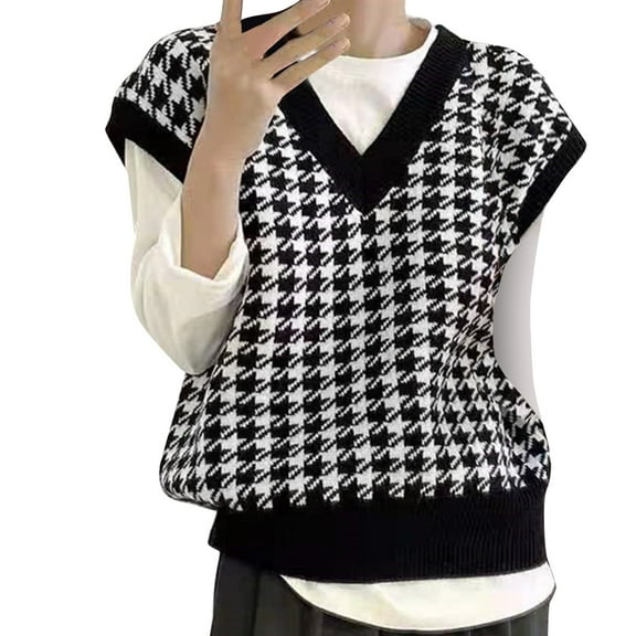 KDFJPTH Women Houndstooth Print Short Sleeve V-Neck Pullover Sweater Vest