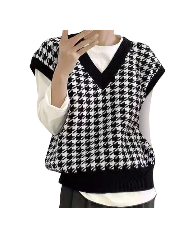KDFJPTH Women Houndstooth Print Short Sleeve V-Neck Pullover Sweater Vest