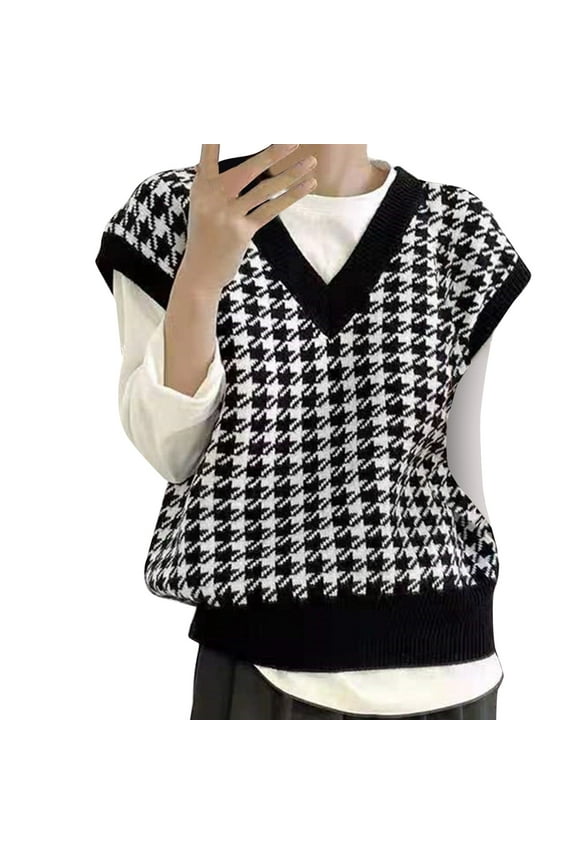 KDFJPTH Women Houndstooth Print Short Sleeve V-Neck Pullover Sweater Vest