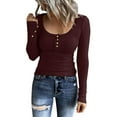 thumbnail image 1 of KDFJPTH Women Long Sleeve Henley T Shirts Button Down Slim Fit Tops Scoop Neck Ribbed Knit Shirts, 1 of 7