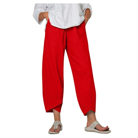 KDFJPTH Women Pants Trendy Pocket Loose Waist Solid Elastic Stretch Trousers