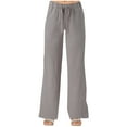 thumbnail image 1 of KDFJPTH Women Pants Trendy Pocket Wide Loose Solid Linen Leg Bage Linen Petite Trousers, 1 of 7