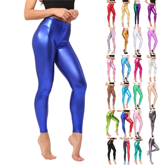 KDFJPTH Women Plus Size High Waist Shiny Metallic Leggings Stretch Workout Yoga Pants Disco Party Tights Black L