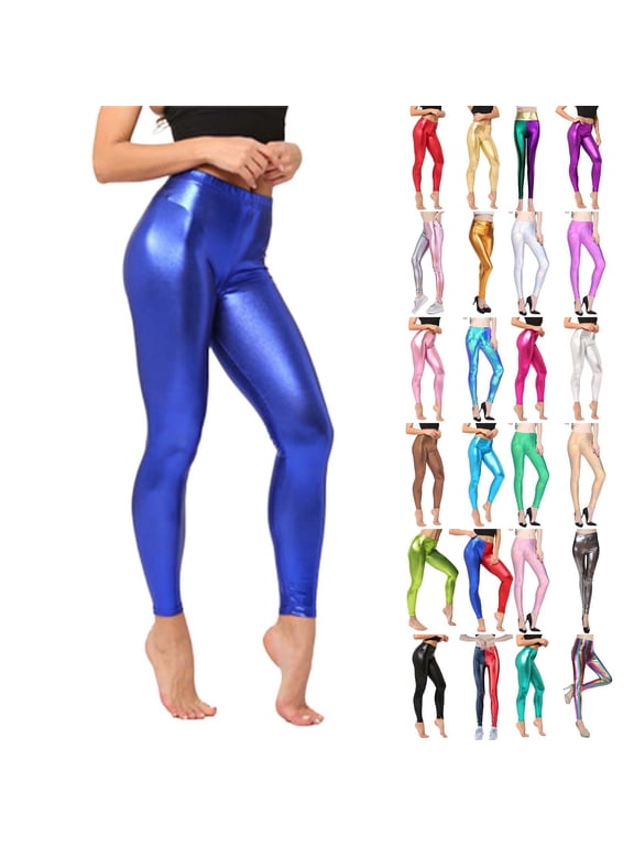 Women Plus Size High Waist Shiny Metallic Leggings Stretch Workout Yoga Pants Disco Party Tights Silver M