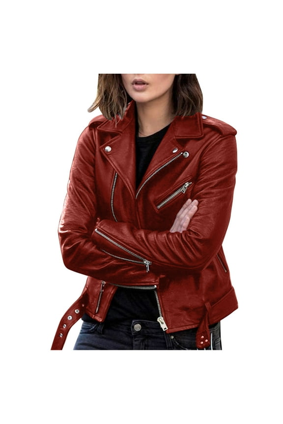 Women Plus Size Leather Jacket Long Sleeve Zipper Fitted Artificial Leather Coat Fall Short Jacket Slim Coat