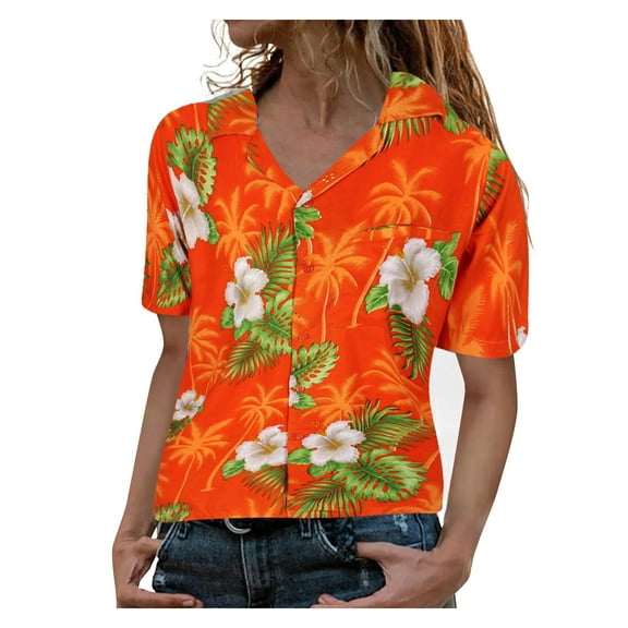 KDFJPTH Women'S Funky Hawaiian Shirt Blouse Frontpocket Leaves Flowers Palm Print Top Womens Cotton Tees Loose Fit Christmas Long Sleeve for Women