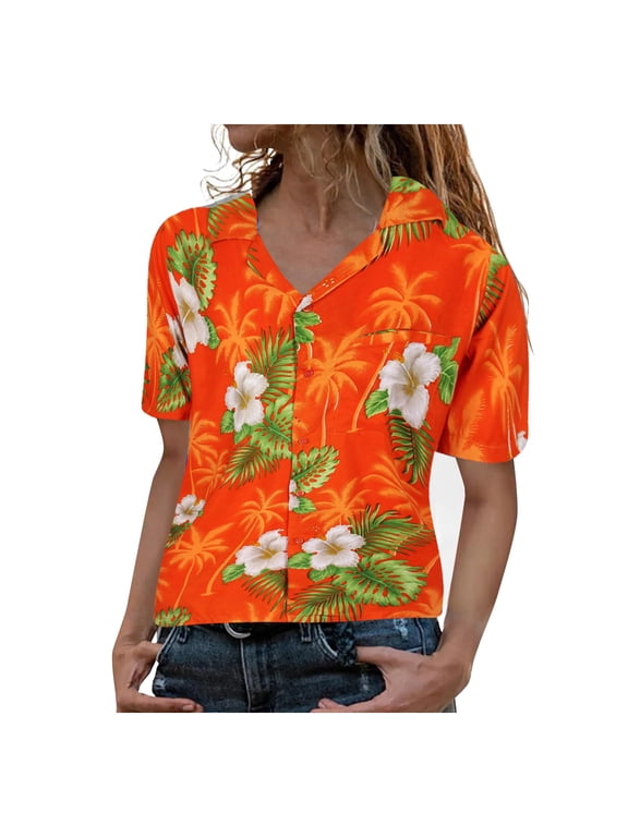 Women'S Funky Hawaiian Shirt Blouse Frontpocket Leaves Flowers Palm Print Top Womens Cotton Tees Loose Fit Christmas Long Sleeve for Women