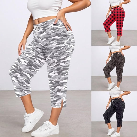 KDFJPTH Women's Camo Print Capri Pants Elastic Drawstring Waist Casual Everyday Trousers with Side Slit Black L