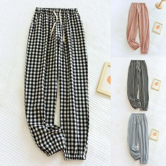 KDFJPTH Women's Gingham Jogger Pants Elastic Waist Casual Loungewear Trousers with Drawstring Black L