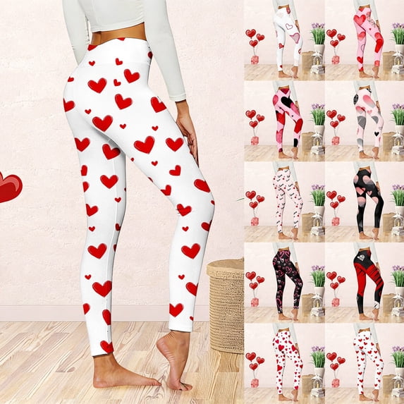 KDFJPTH Women's High Waist Heart Print Leggings Soft Stretchy Workout Yoga Pants Casual Loungewear Black L