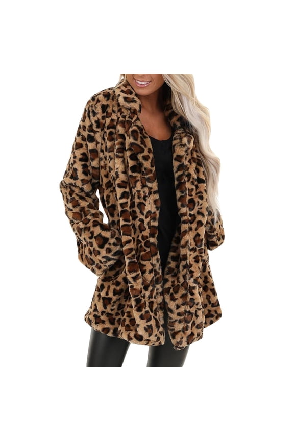 Women's Leopard Pocket Fuzzy Warm Winter Oversized Outwear Long Coat
