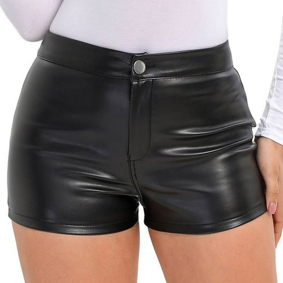 KDFJPTH Women's Pants For Work 2025 Leather Shorts Elastic High Waist Pu Leather Tight Hot Ultra Short Leather Trousers For Female