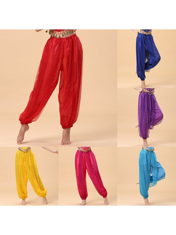 Women's Sequin Mesh Harem Pants Elastic Waist Red Sheer Casual Dance Trousers Blue M