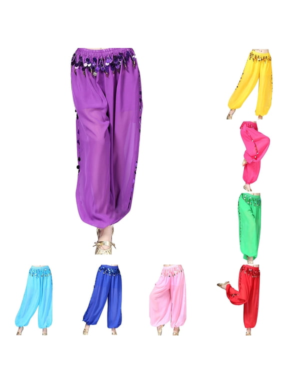 Women's Sequin Trim Harem Pants Elastic Waist Purple Sheer Casual Dance Trousers Green One Size