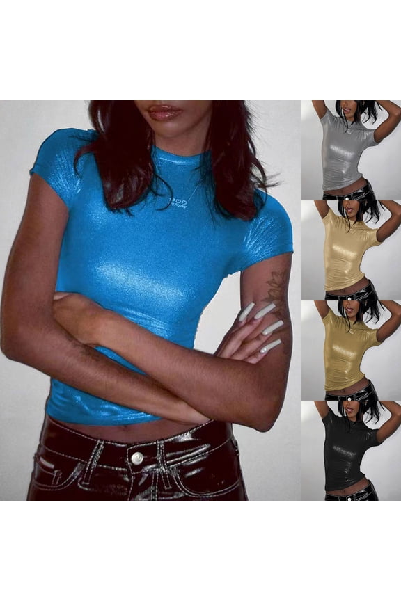Women's Shirts Summer Tops Casual Solid Short Sleeve Round Neck Fit Pleated Crop Trendy Tees Silver S