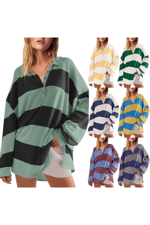 Women's Shirts Summer Tops Oversized Swea Fall Button Lapel Hoodies Long Sleeve V Neck Striped Color Block Trendy Tees Black XXL