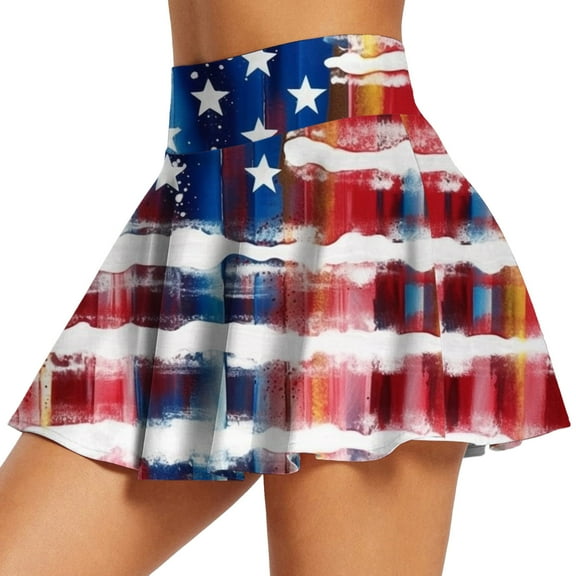 KDFJPTH Women's Skirts Independence Day Print Casual High Waist Tennis Pleated Pocket Skirt