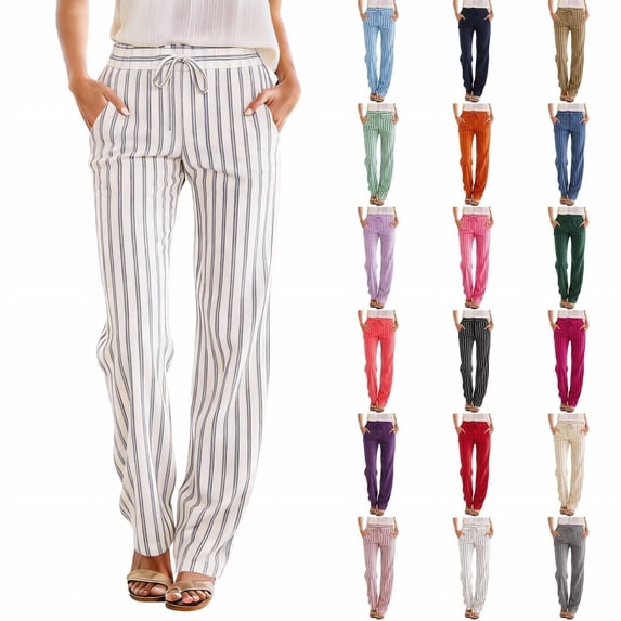 KDFJPTH Women's Striped Linen Blend Pants Elastic Drawstring Waist Casual Summer Trousers with Pockets Hot Pink2 XL