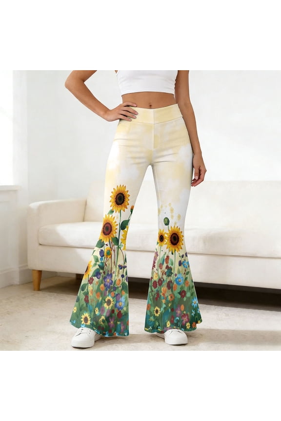 Women's Sunflower Print Flare Leg Pants High Waist Bell Bottom Trousers for Casual and Festival Wear Light Yellow XXL
