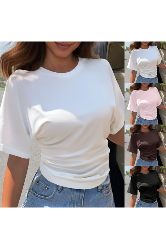 Women's T Shirts Fashion Tops Summer Korean Design Sense Round Neck Sleeve Short All Matching Solid Color Loose Vacation Clothes Black L