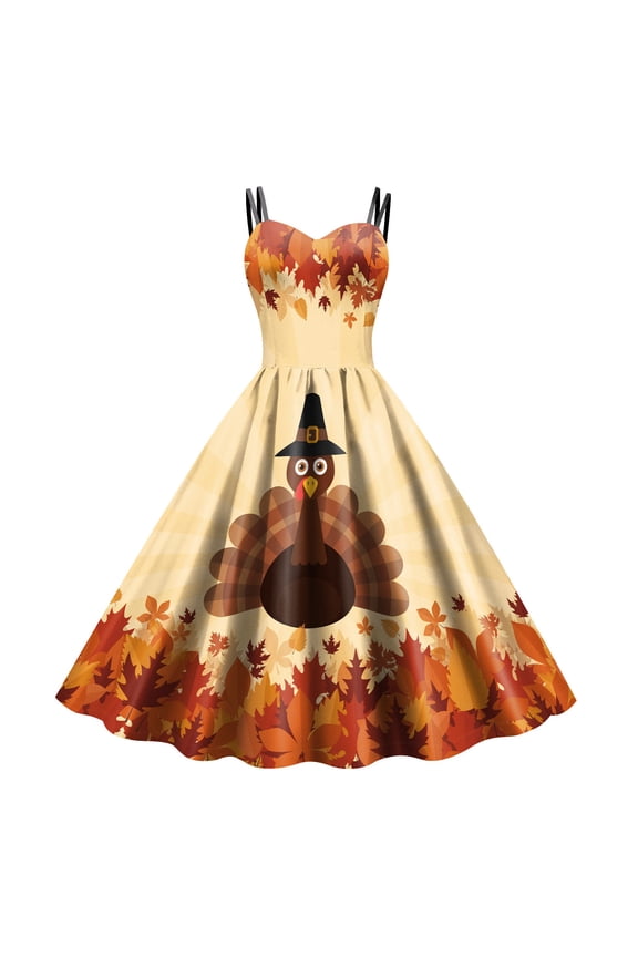 Women's Thanksgiving Turkey And Pumpkin Print Halterneck Dress Gothic Dresses plus Size