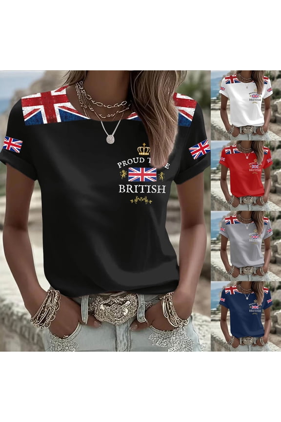 Women's Tops Summer T Shirts British Print Short Sleeve Round Neck Casual Comfortable Ladies Fashion Lightweight Tees Black L