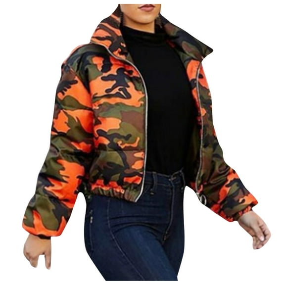 KDFJPTH Women's Warm Thickened Overcoat Stand Collar Winter Gorgeous Long Sleeve Camouflage Cardigan Double-faced Short Coat Jacket Zip up Jacket