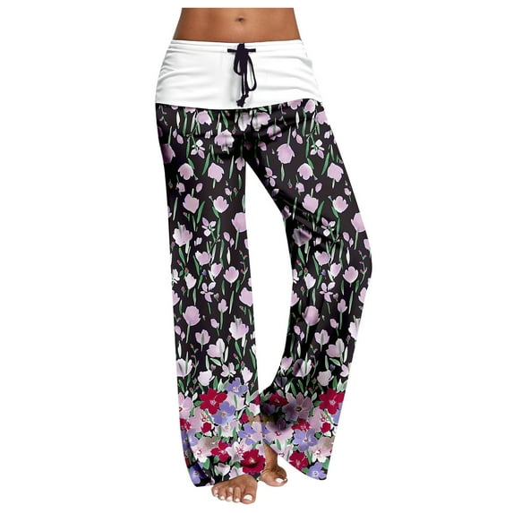 KDFJPTH Womens Cotton Yoga Pants with Fold down Waist Womens Elastic High Waist Printed Loose High Waist Casual Leggings