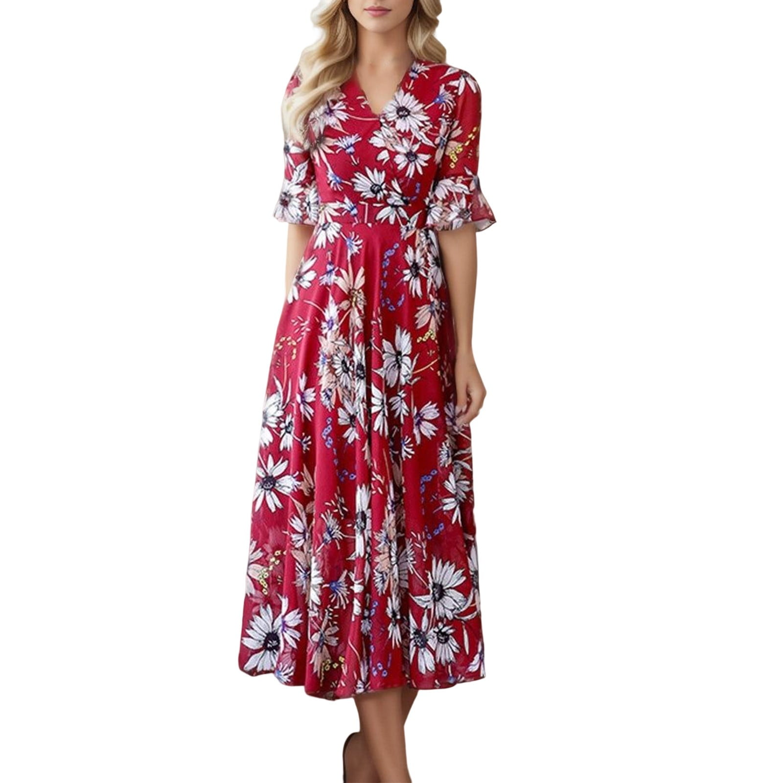 KDFJPTH Womens Dresses Formal Floral Sleeve Long A Line Print V Neck ...